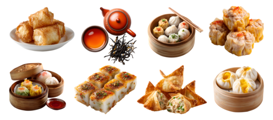 Set of Dim sum, yum cha tea, asian traditional Chinese small dishes cuisine, steamer basket chopstick, dumplings, buns, pastries on transparent cutout PNG. Many different variety. Mockup template
