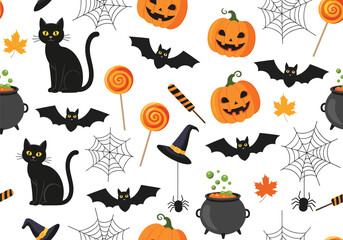 Halloween background with cats bats and pumpkins.