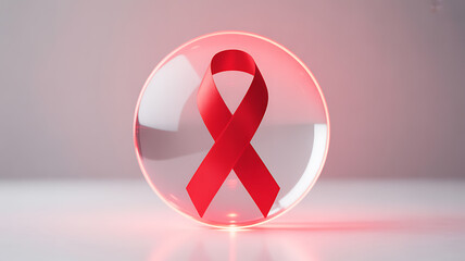 Red awareness ribbon encased in a transparent sphere on a soft-lit surface