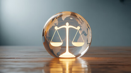 A glass globe with a glowing scale of justice symbol inside, placed on a wooden surface.