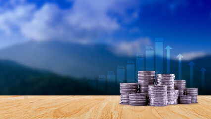 Stack of coins background business concept. Interest Investment ideas, returns, financial returns,savings, investment businesses.