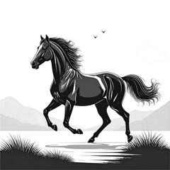 Black and white horse running by water