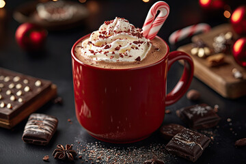 Cozy red mug filled with hot chocolate and whipped cream