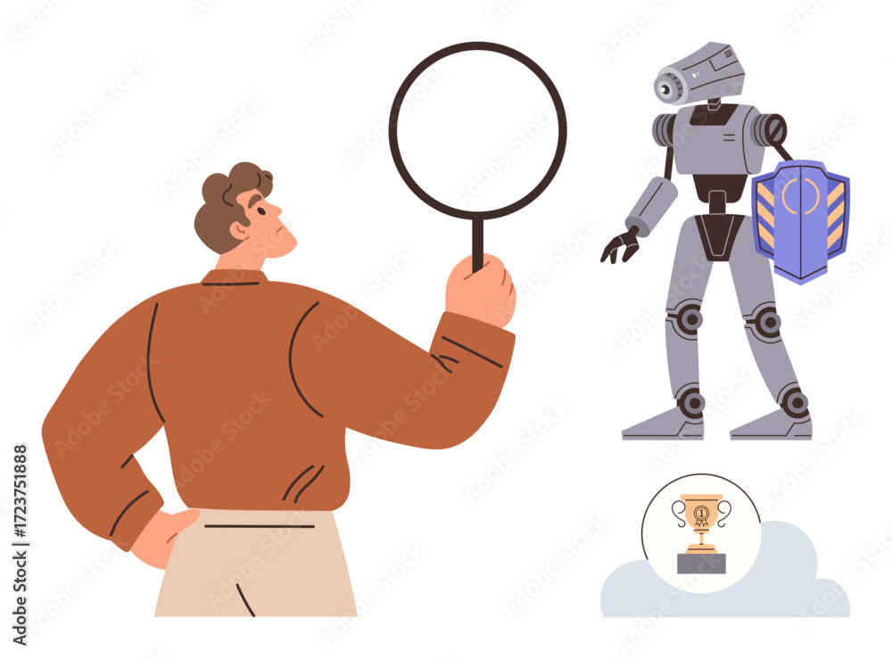 Aufkleber man examines a robot holding a shield using a magnifying glass, emphasizing technology, ai, innovati