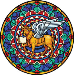 Stained glass depiction of a winged bull holding a book, symbolizing the evangelist St. Luke, representing divine power, service, and Christian scripture.