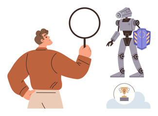 Man examines a robot holding a shield using a magnifying glass, emphasizing technology, AI, innovation. Ideal for science, research, robotics, progress, digital security engineering simple flat