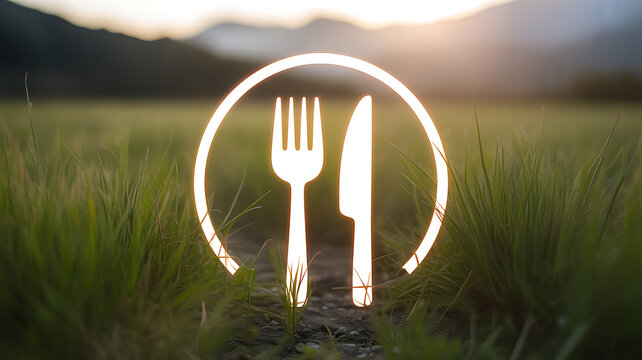 Glowing fork and knife symbol in a grassy field at sunset