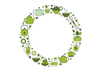 A delightful circular arrangement of teapots and tea related items in various shades of green.