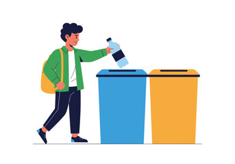 A person is putting a plastic bottle into a recycling bin.