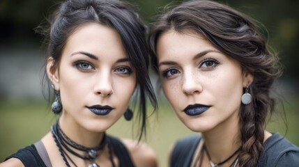 Two young women with striking makeup, including dark lipstick and eye makeup, pose closely together. They showcase dramatic gothic and alternative style.