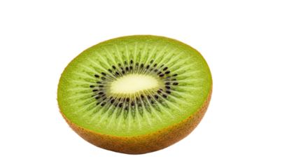 A vibrant green kiwi fruit sliced in half revealing its juicy interior and tiny black seeds.