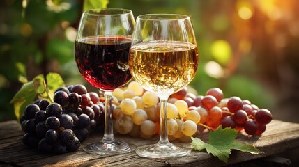 vineyard. Glasses of red and white wine with ripe grapes on a wooden table in a rustic vineyard setting. bar promotions, beverage menus, designed for food & beverage menus and cafe branding.