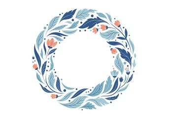 A delicate floral wreath adorned with blue and pale blue leaves and small orange blossoms.