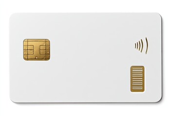 Blank white plastic payment card with gold chip and contactless sensor