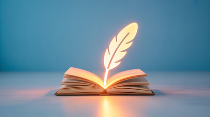 An open book with a glowing feather emerging from its pages, symbolizing knowledge and creativity.