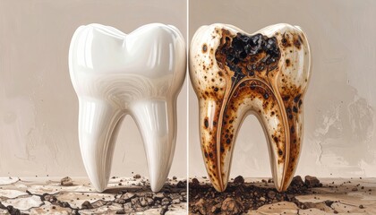 Tooth decay vs healthy tooth, dental care and oral health concept