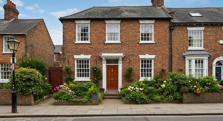Exterior view front door and garden of a beautiful old red brick town house on a street in an english city
