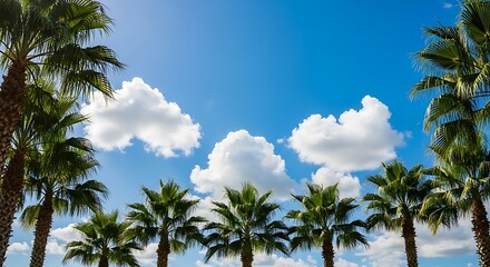 Obraz premium Palm Trees Against a Bright Blue Sky with Fluffy White Clouds.