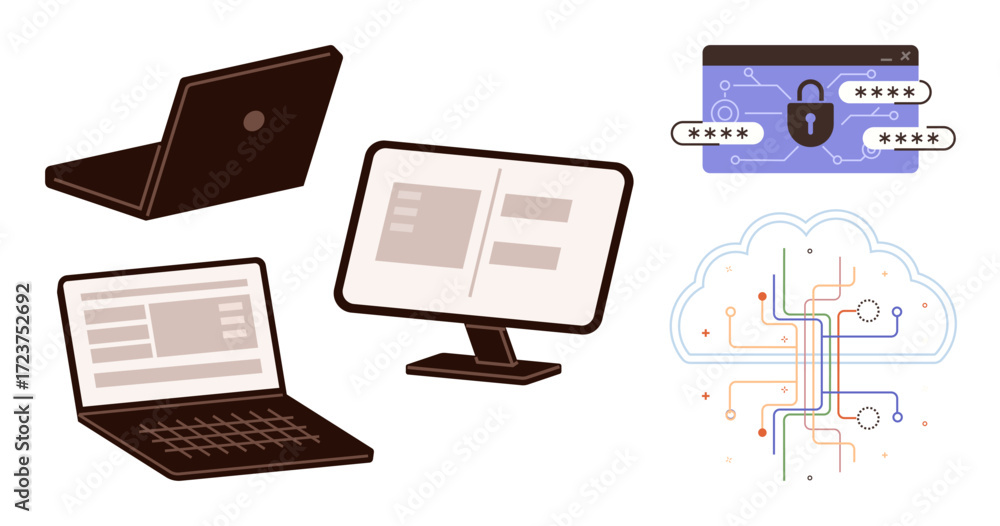 Aufkleber laptops and monitors alongside password protection and a cloud with circuit paths. ideal for cyberse