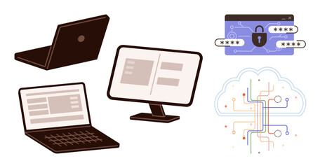 Laptops and monitors alongside password protection and a cloud with circuit paths. Ideal for cybersecurity, IT, digital security, cloud computing, data management, technology, simple flat metaphor