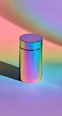 Modern Iridescent Cylinder Object Illuminated by Rainbow Light and Shadows.