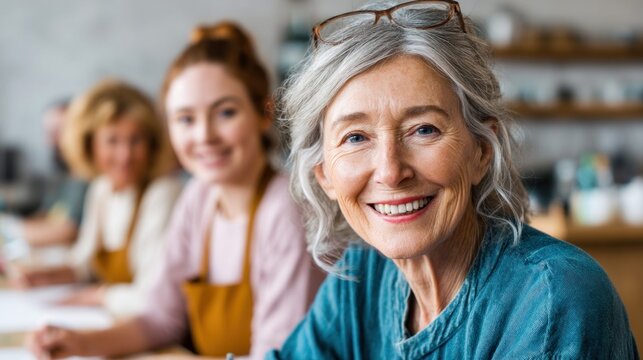 A lovely senior woman smiles brightly, with her friends blurred in the background at a workshop or class setting.