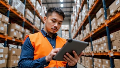 Professional Warehouse Worker in Vest Using Tablet to Manage Inventory Industrial Environment Close-up View