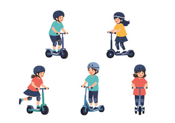 Children riding scooters and wearing helmets for safety.