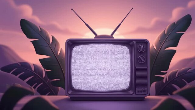 A vintage television set sits amidst lush tropical foliage against a dreamy sunset sky with soft clouds and rolling hills