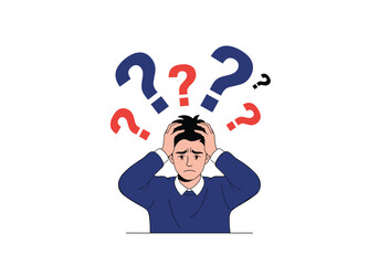 A person struggling with many confusing questions and stress.