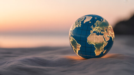 Globe resting on sandy beach at sunset with ocean in background