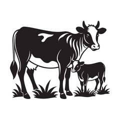 Mother Feeding Calf In Farm Silhouette Artwork