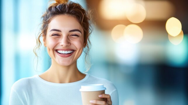 A young woman with curly hair smiles, holding a coffee cup, dimples showing, against a blurred background.