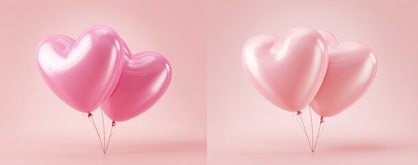 Two pairs of heart-shaped balloons in light pink, floating against a soft pink background