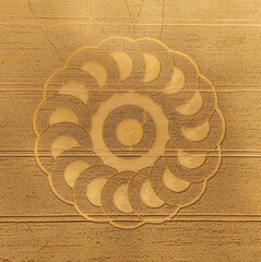 Aerial view of a mysterious, intricate, geometric crop art, crop circle formation in a wheat field near Lyme Regis, Devon, England, UK 