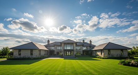 Beautiful shot of expensive real estate with perfect blue clouds