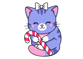 Adorable Purple Kitten with Candy Cane Happy Expression Bow.