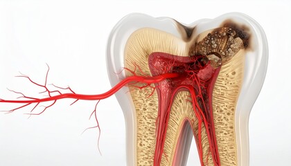 3D Cross Section of Severe Tooth Decay Showing Dental Nerve and Tooth Structure