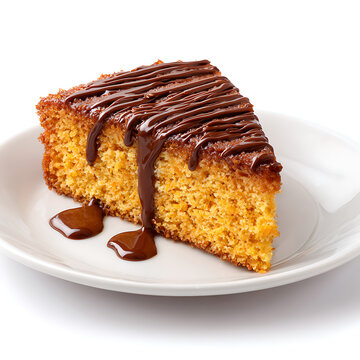 A slice of bolo de cenoura with chocolate topping, isolated on white background.