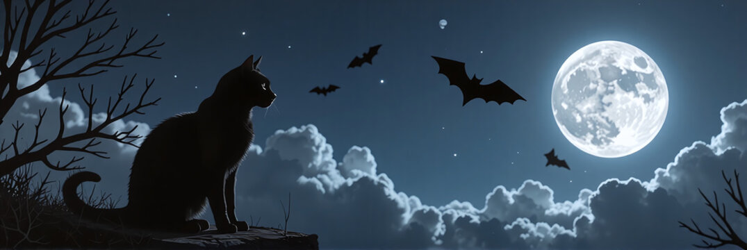 Silhouettes of a cat and bats under the full moon, embodying the spooky essence of Halloween.