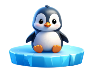 Cute cartoon penguin sitting on blue ice isolated on transparent background PNG