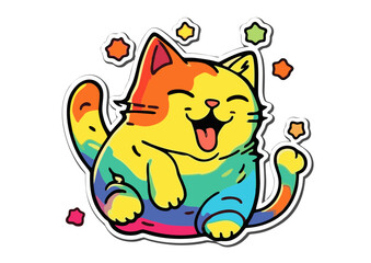 Joyful Rainbow Cat Sticker: Chubby Playful Pose with Tongue Out.