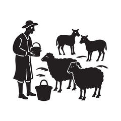 Shepherd Feeding Sheep In Field Silhouette Design