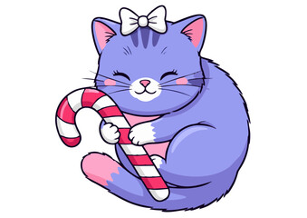 Adorable Purple Kitten with Candy Cane Wearing Bow.