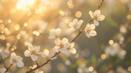 Delicate white cherry blossoms on a branch bathed in warm golden sunlight, with soft bokeh lights creating a magical, ethereal atmosphere