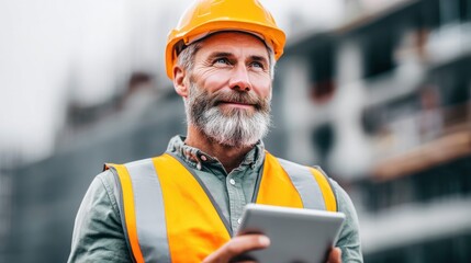 A construction worker, wearing a safety vest and hard hat, looks upward while holding a tablet, with a building in the background.