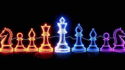 Colorful illuminated chess pieces arranged in a row against a dark background, showcasing vibrant neon lights