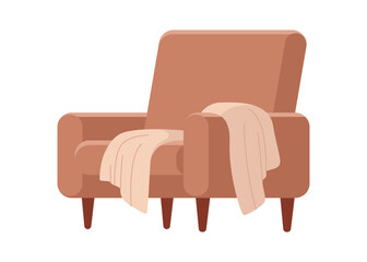 Beige mocha mouse armchair with blanket draped over its arm. Comfortable cozy furniture for living room interior or relaxation design element. Vector flat illustration
