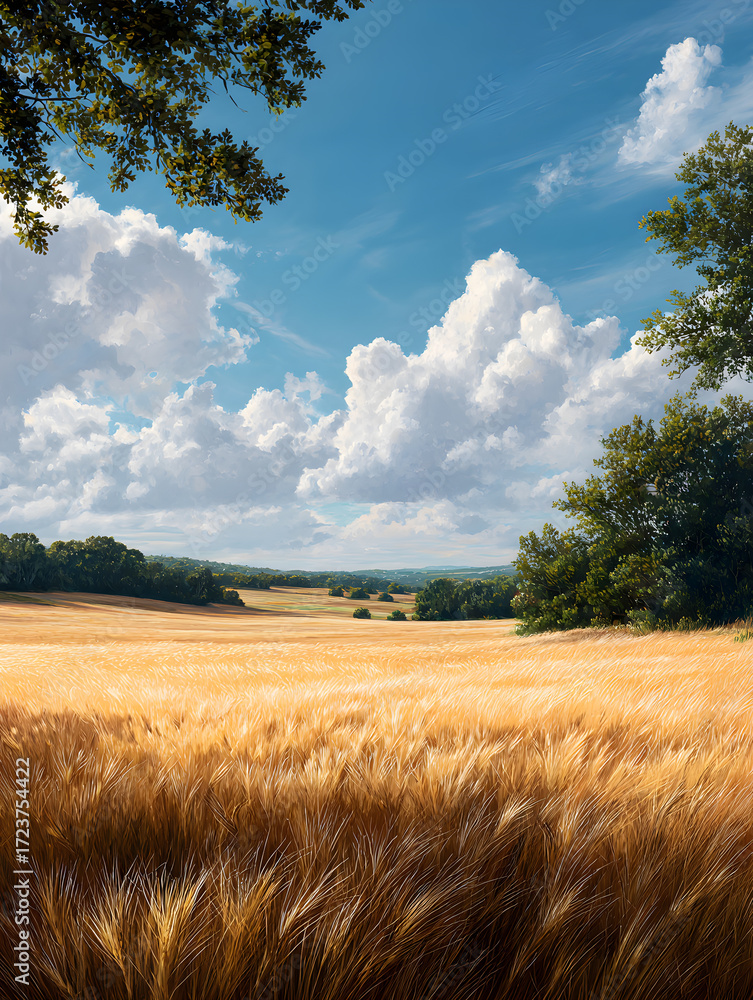 Poster View of a wheat field with trees and cloudy sky on a clear day.