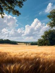 View of a wheat field with trees and cloudy sky on a clear day.